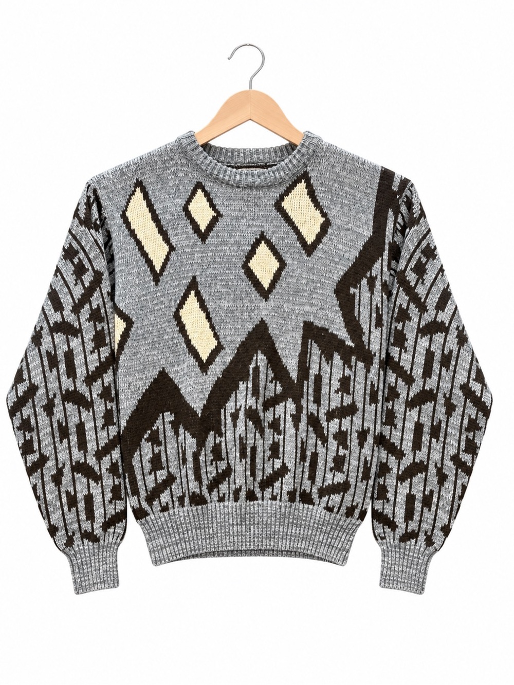 VTG 90s Barnaby Geometric Knit Grandpa Sweater Small Grey Black Intarsia Coogi
